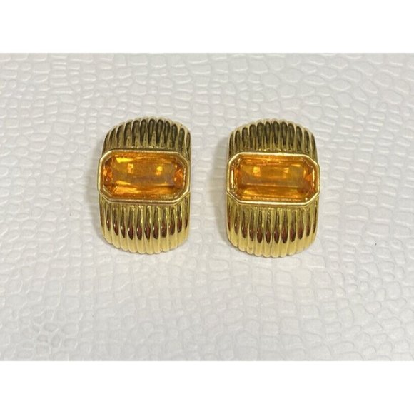 VTG 80'S DAVID GRAU COUTURE AMBER CRYSTAL DECO STYLE CLIP EARRINGS GOLD RIBBED - Picture 1 of 7